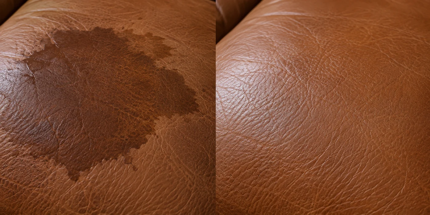 Before and after of a large dark spill blot spreading across a rolled leather cushion, removed on the right