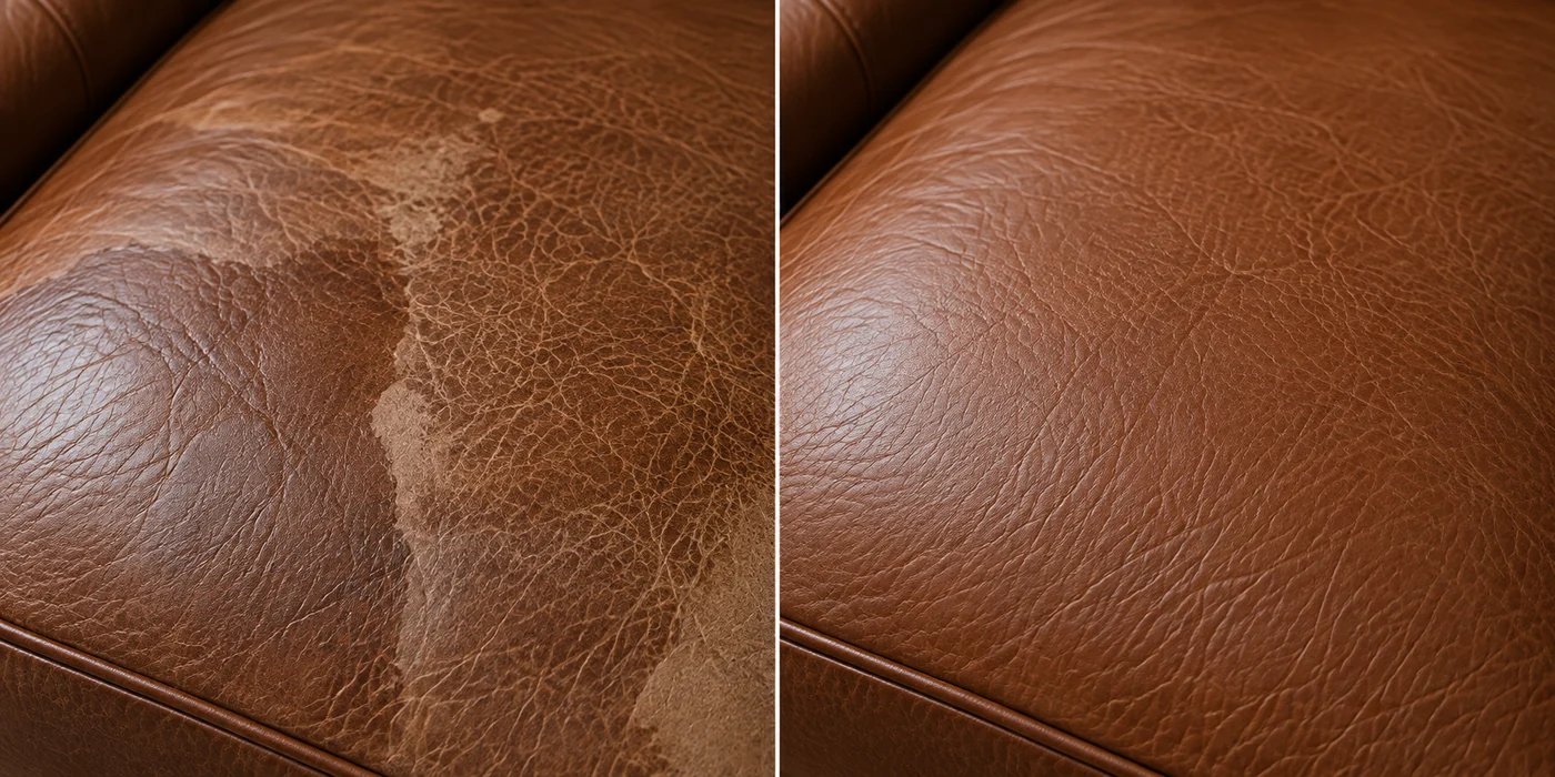 Before and after of a tide line across a leather cushion: a pale dried front with a hard edge on the left, even colour on the right