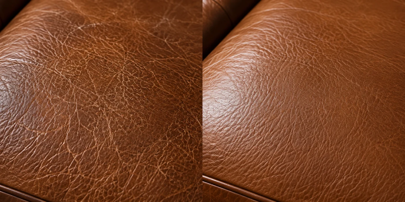 Before and after of a leather cushion dried blotchy and dull across the whole panel, then brought back to one even tone