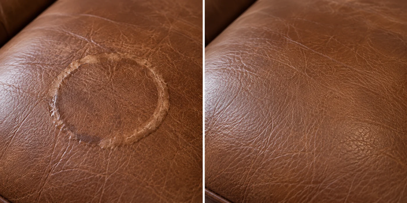 A dried ring mark with a dark tide line on brown leather