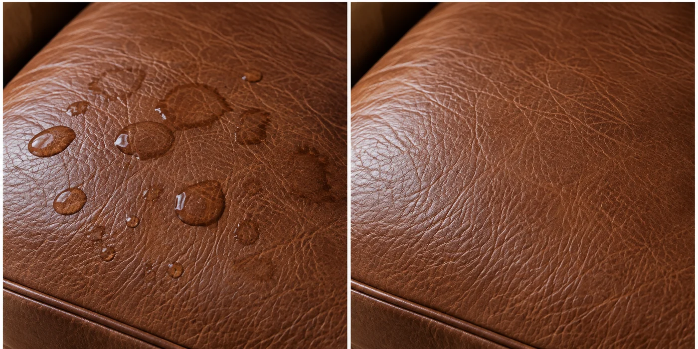Before and after of water droplets beaded across a brown leather seat, and the same seat clear and unmarked