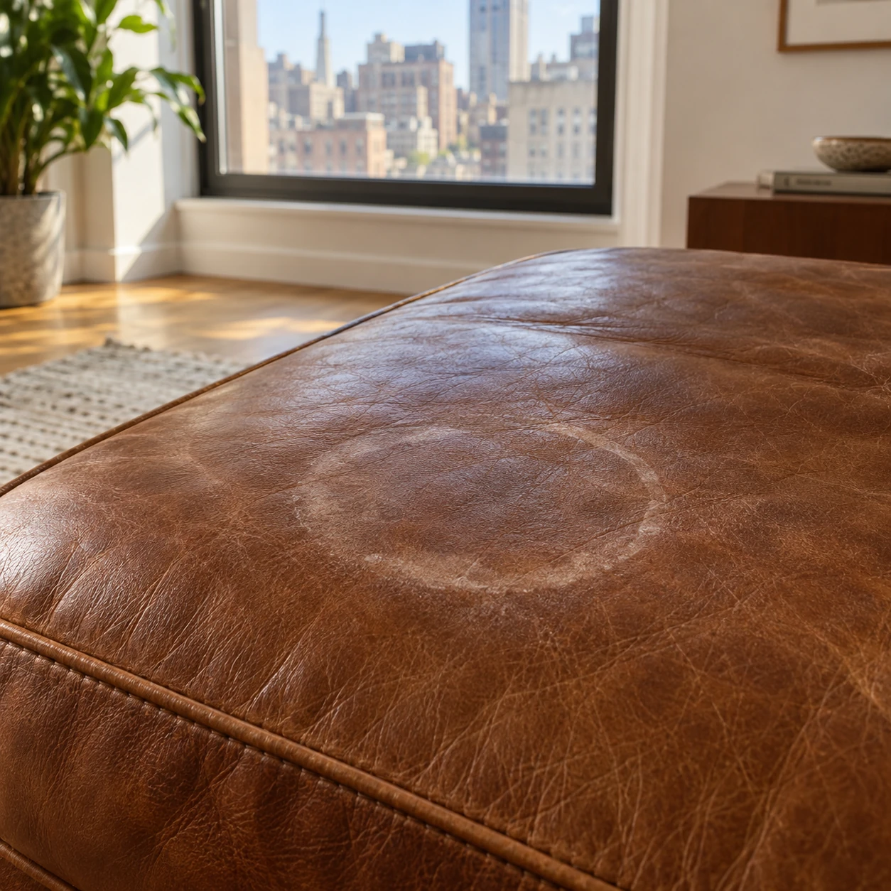 A pale water ring on leather apartment furniture