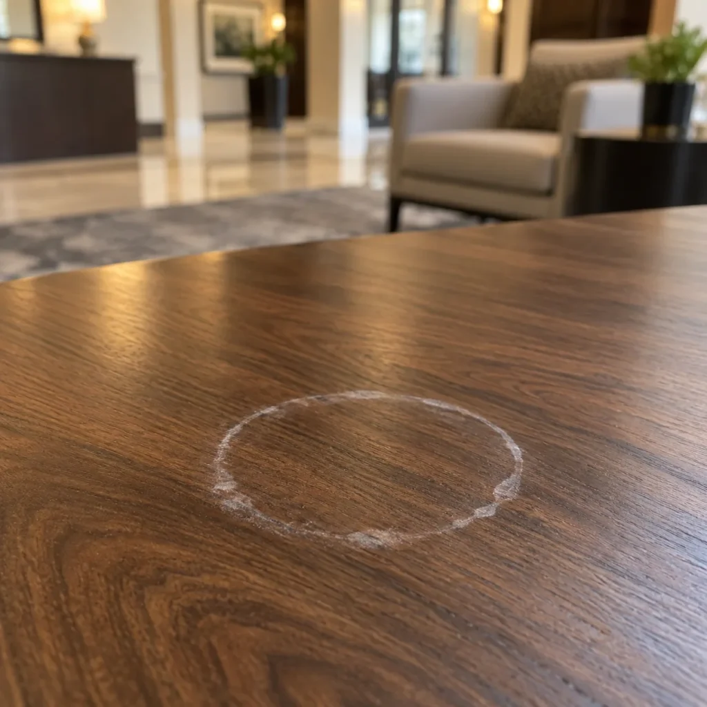 White water ring on a wood lobby table