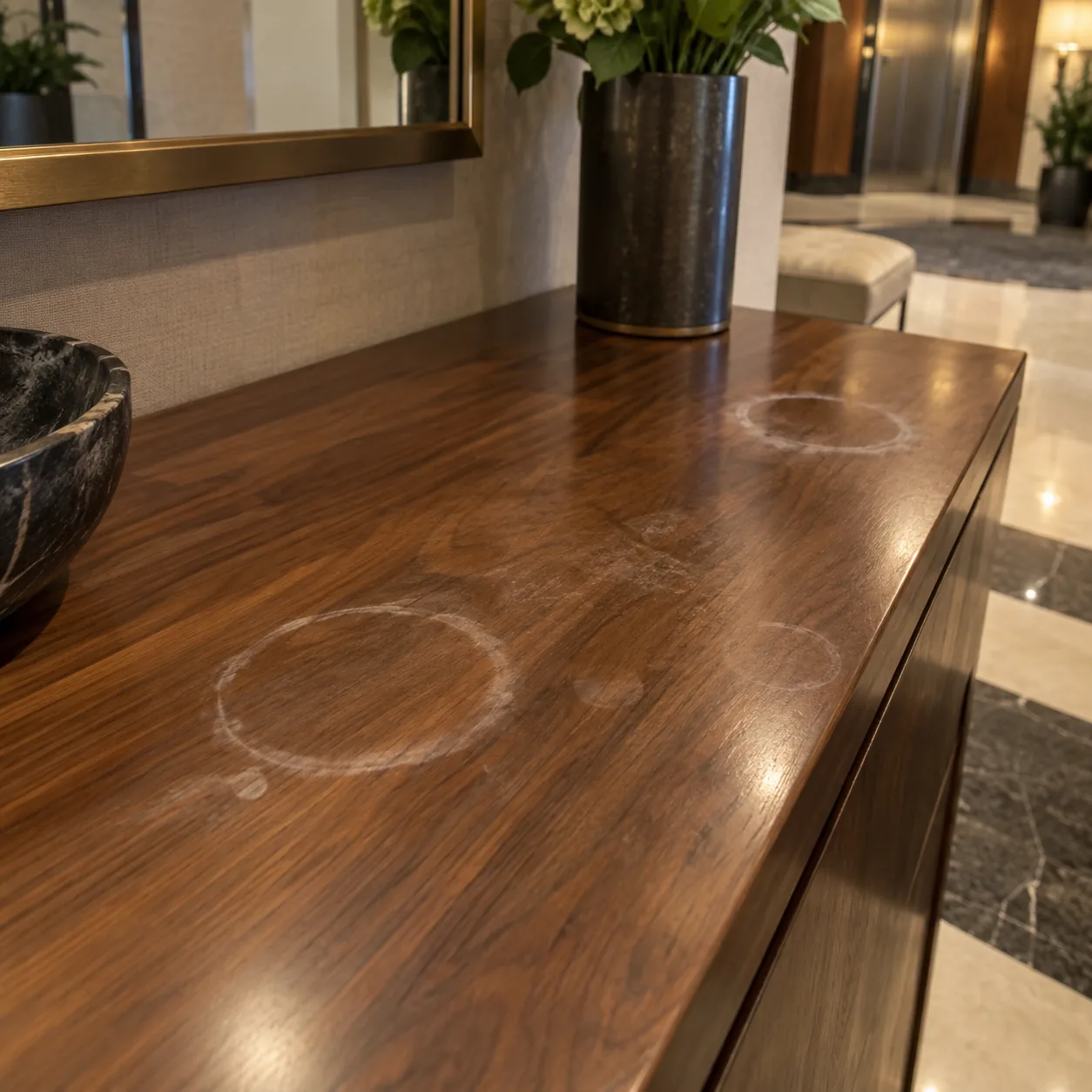White water rings on a walnut lobby console