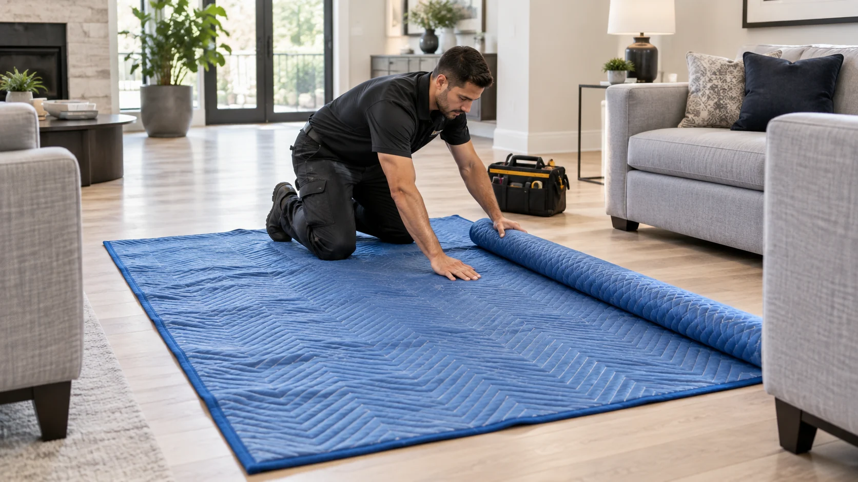 Technician laying protective floor covering before starting work