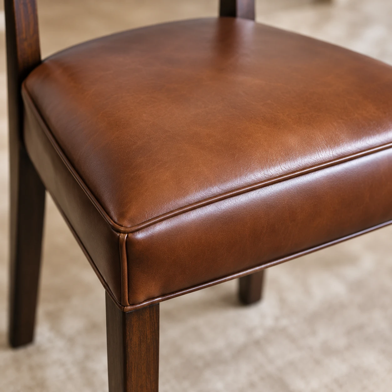 A finished dining chair seat in mid-brown leather with a crisp piped edge over a full, evenly filled pad