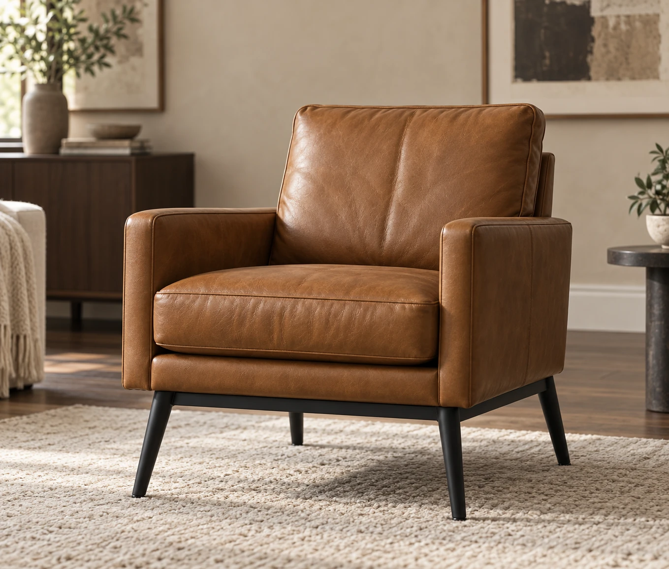 Cognac leather armchair with squared arms and black tapered legs on a woven rug