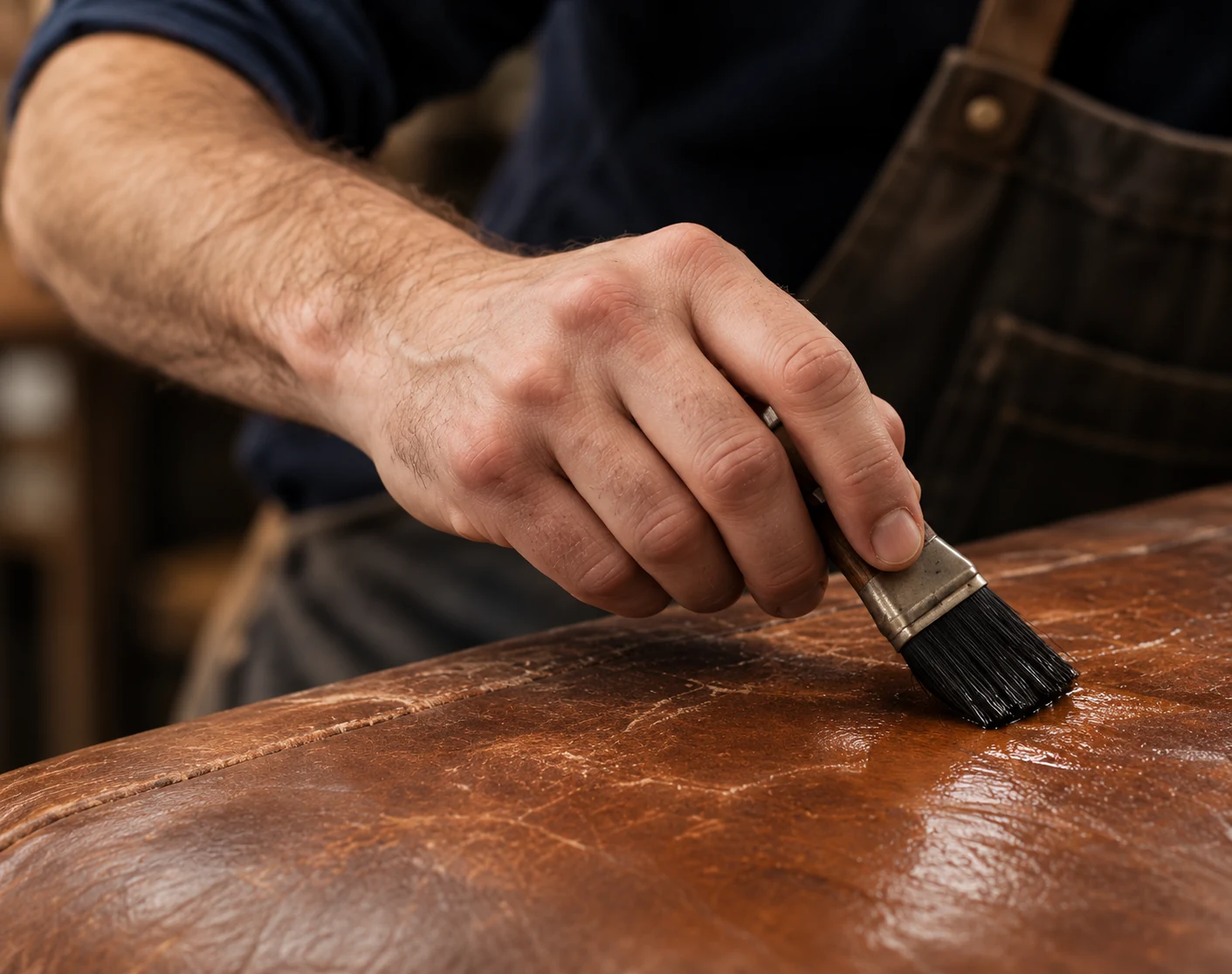 Leather finish applied by hand with a brush