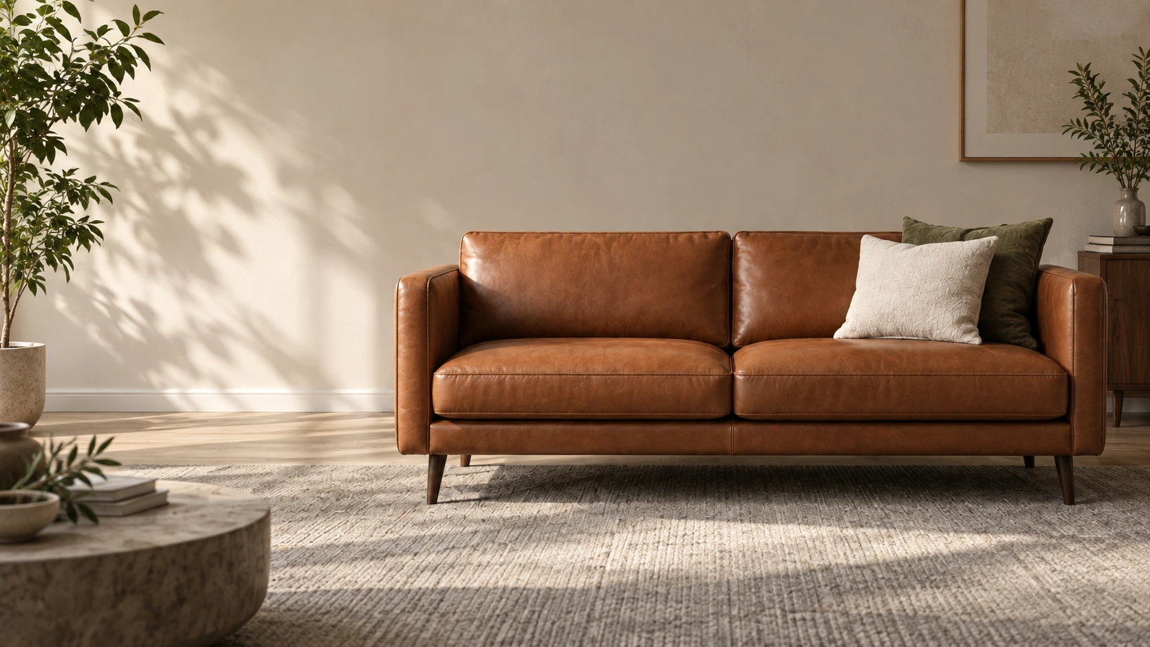 Cognac designer leather sofa against a pale wall