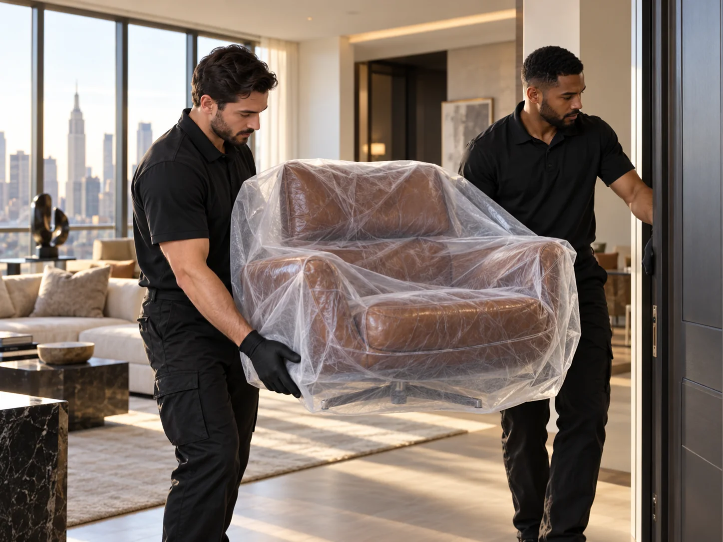 White-glove movers carrying a wrapped leather chair into an apartment