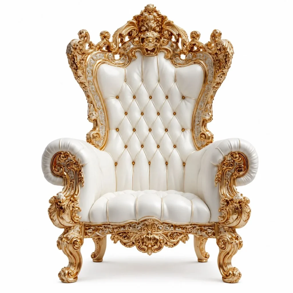 White tufted leather armchair with gold trim after restoration