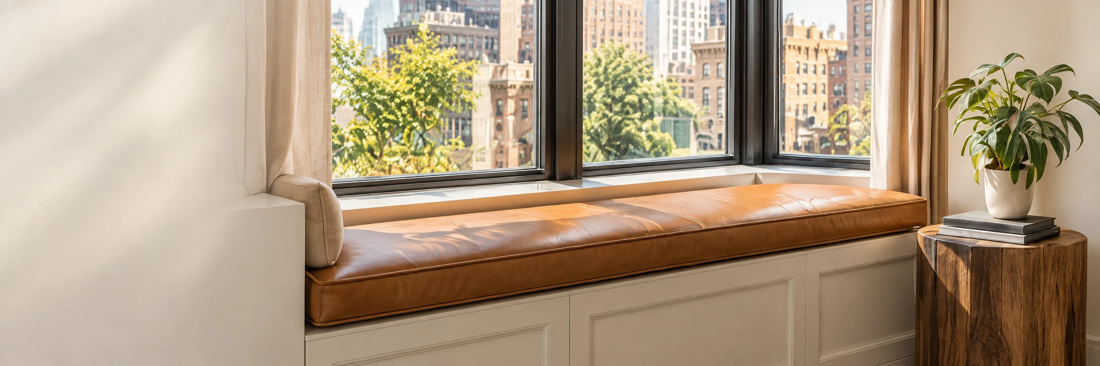 Tan leather window seat cushion in a New York apartment with a city view