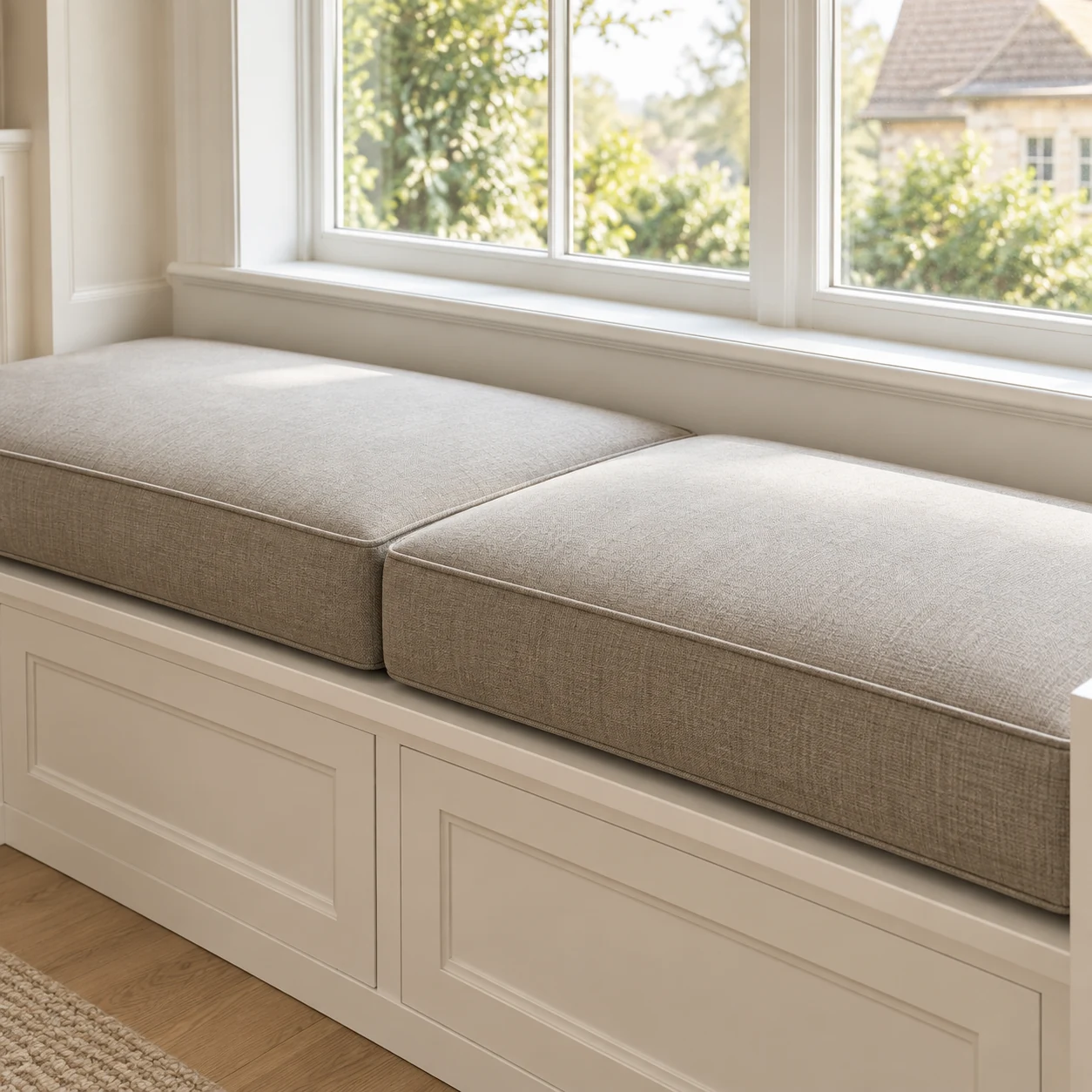 White linen window seat cushions on a built-in bench
