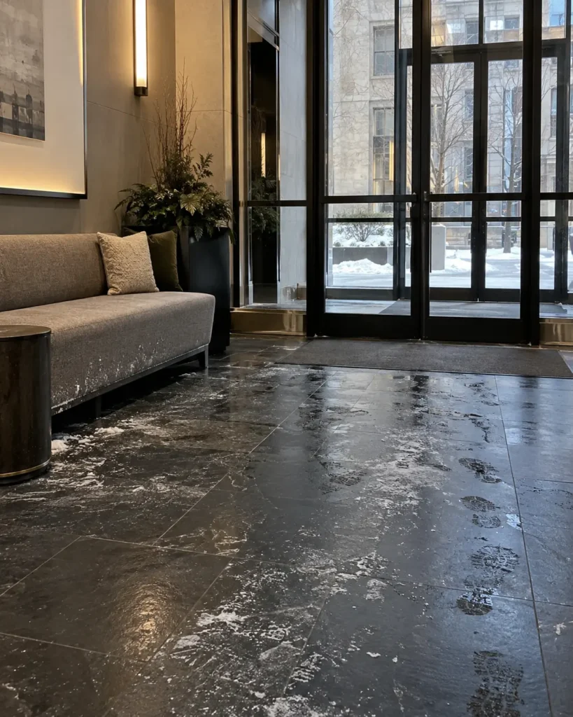 Salt tracked across a lobby floor from the entrance in winter