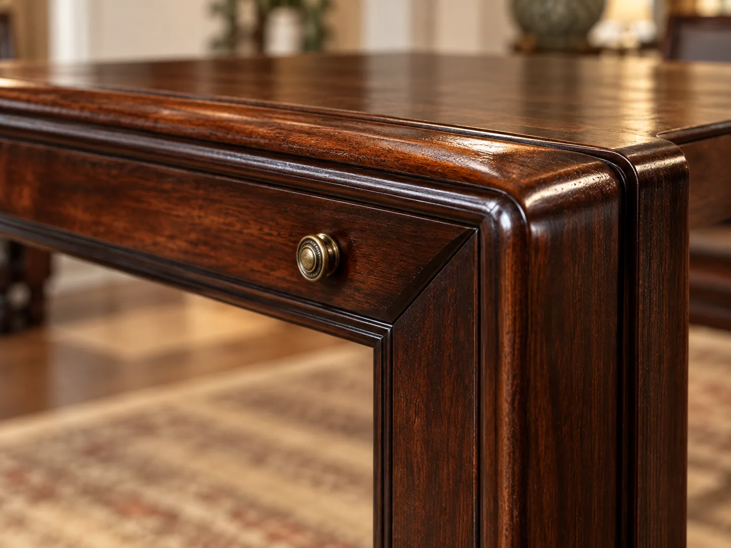 Close look at the finish on a wood desk corner and drawer