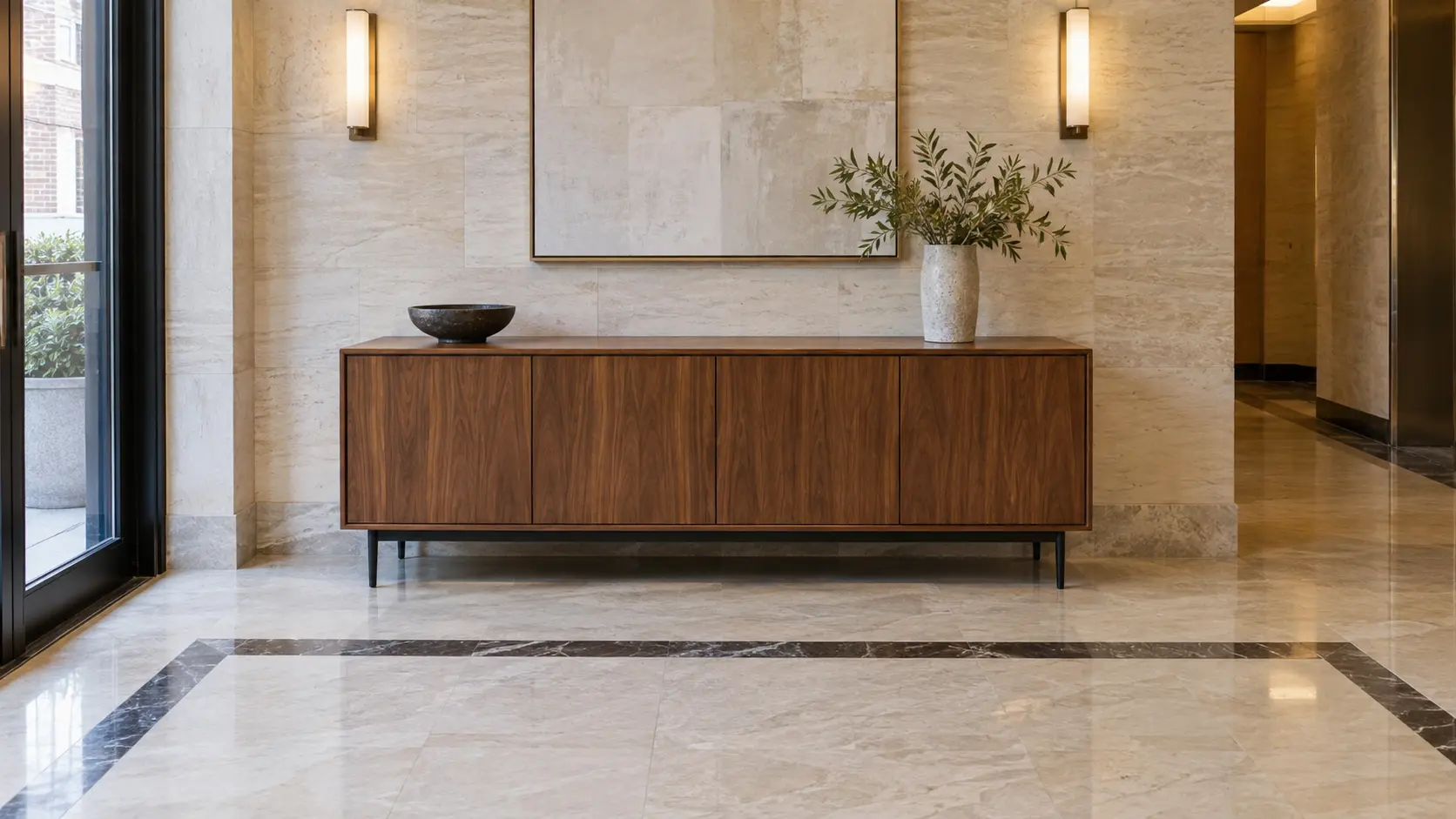 A walnut lobby console with an even sheen
