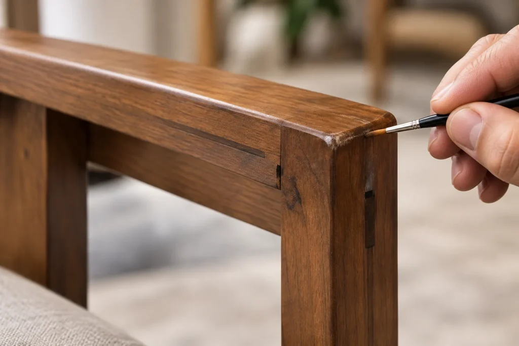 Fine brush touching up a wood chair frame