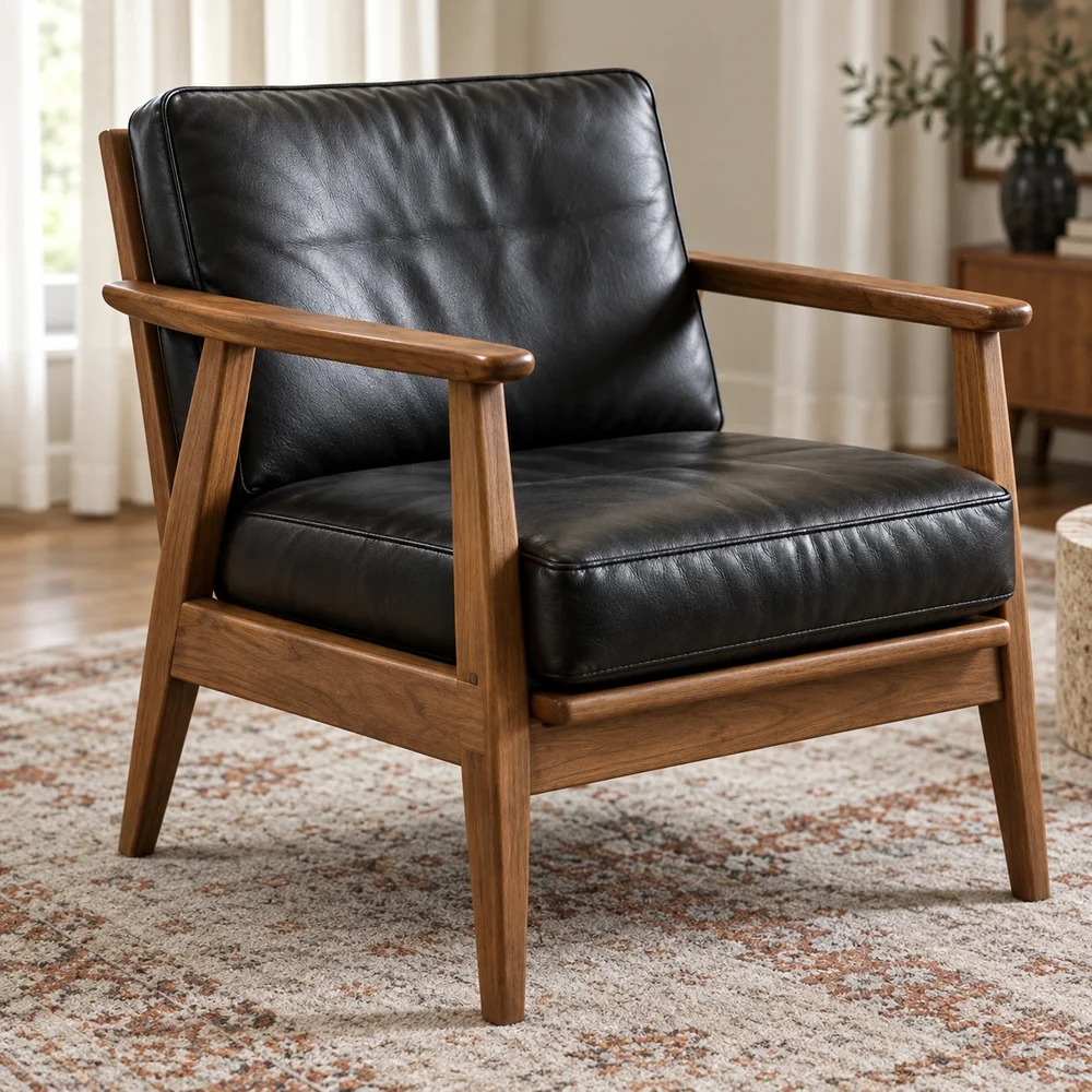 Wood-framed armchair with black leather cushions