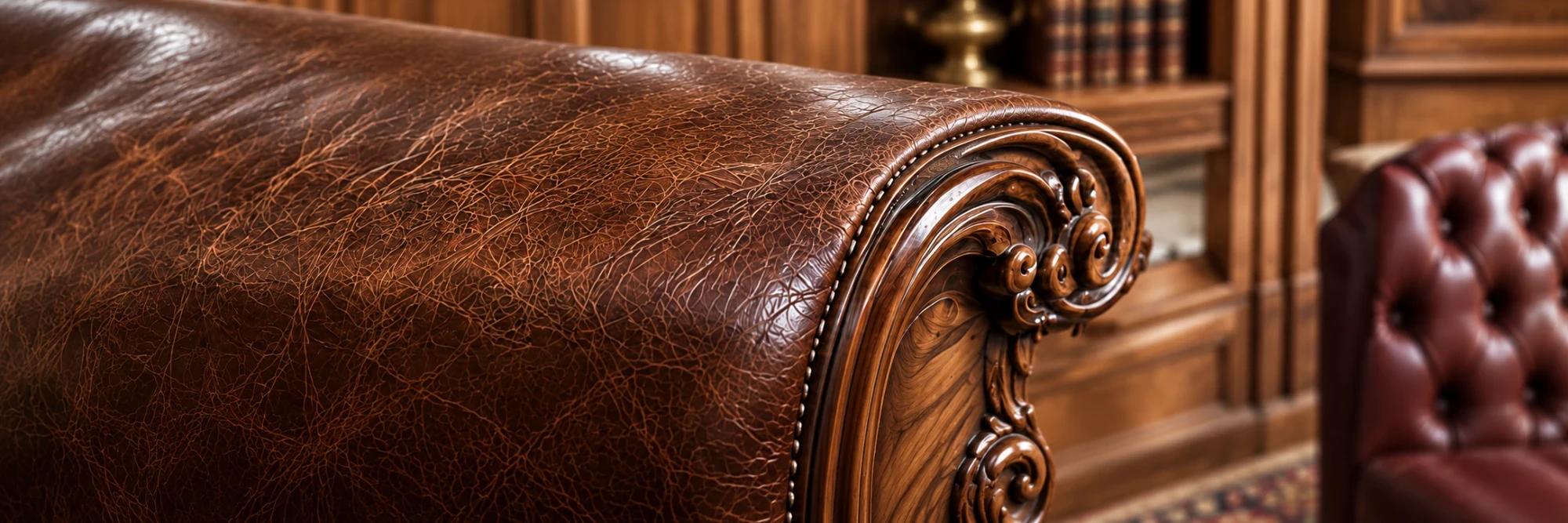 A carved wood scroll arm on a brown leather sofa in a panelled library