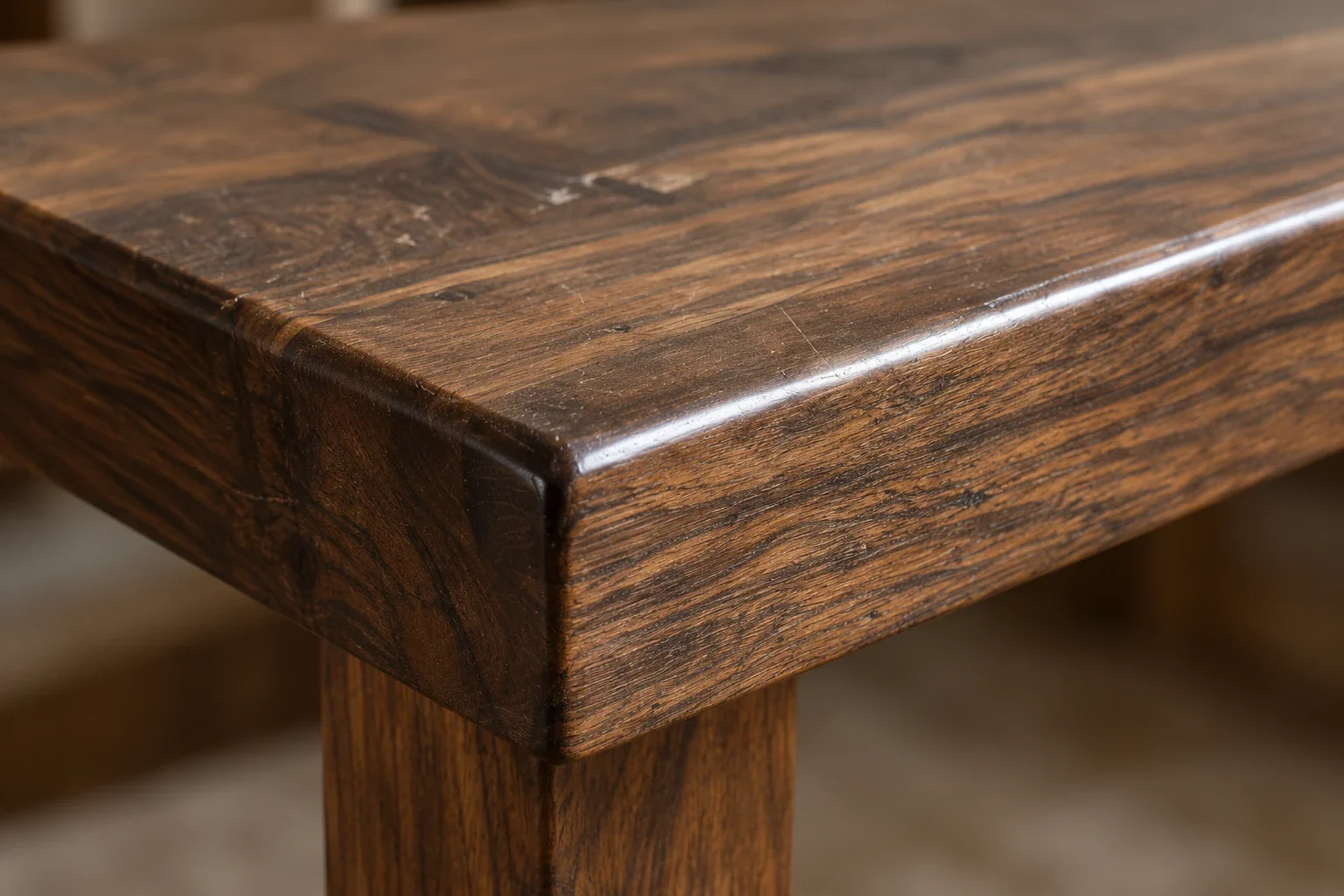 Corner of a dark walnut veneered table with a glossy surface