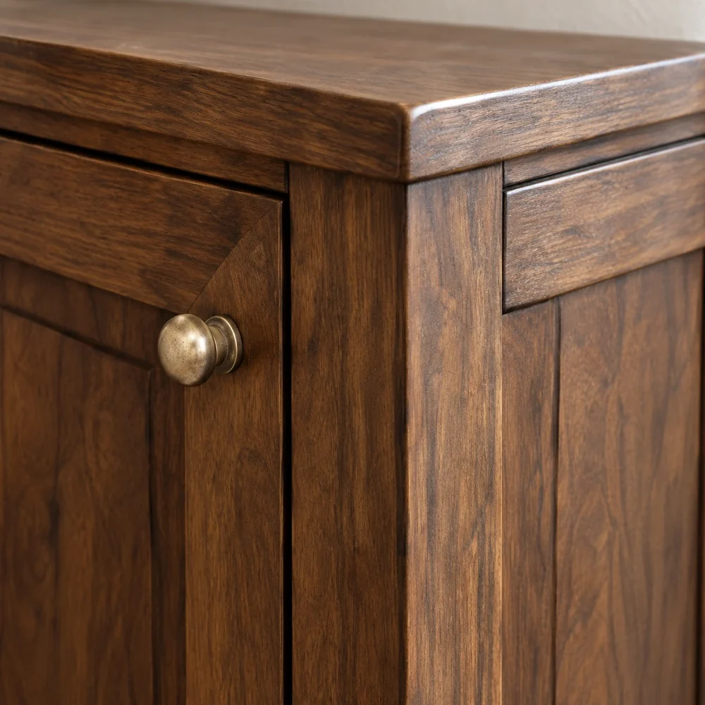 Corner of a wooden cabinet door with an aged brass knob