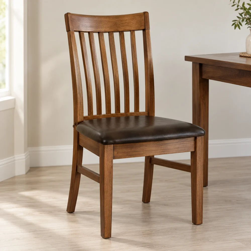 Slat-back wooden dining chair with a dark leather seat