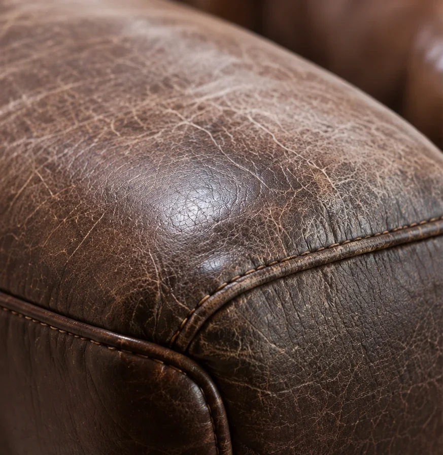 Worn brown leather arm rubbed pale where hands rest before treatment