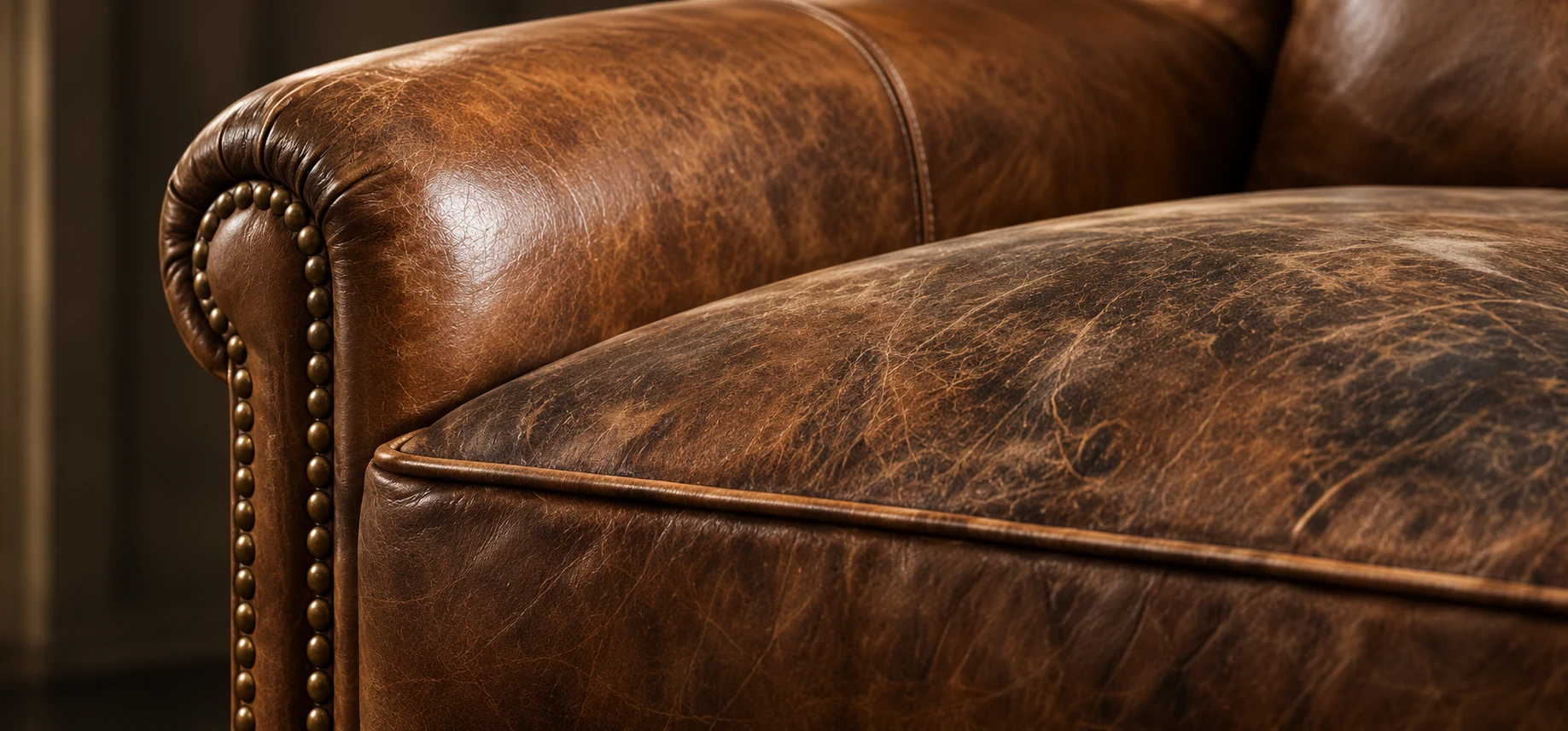 Worn brown leather chair arm with brass nailhead trim and heavy patina