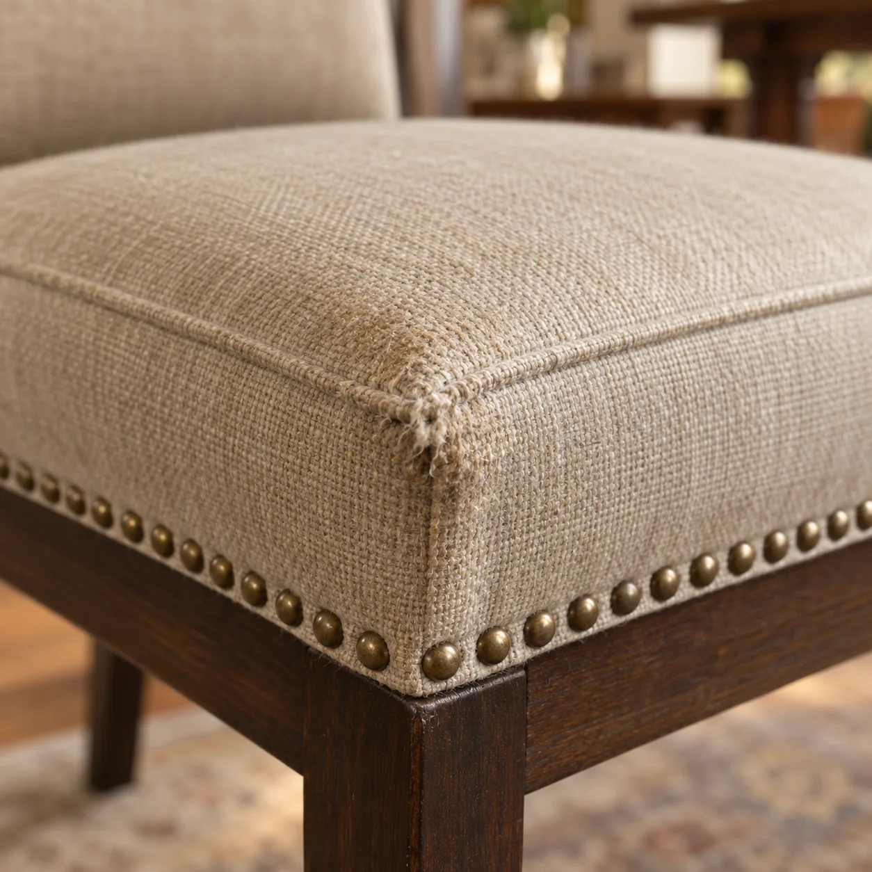 Frayed front edge on a beige dining chair seat