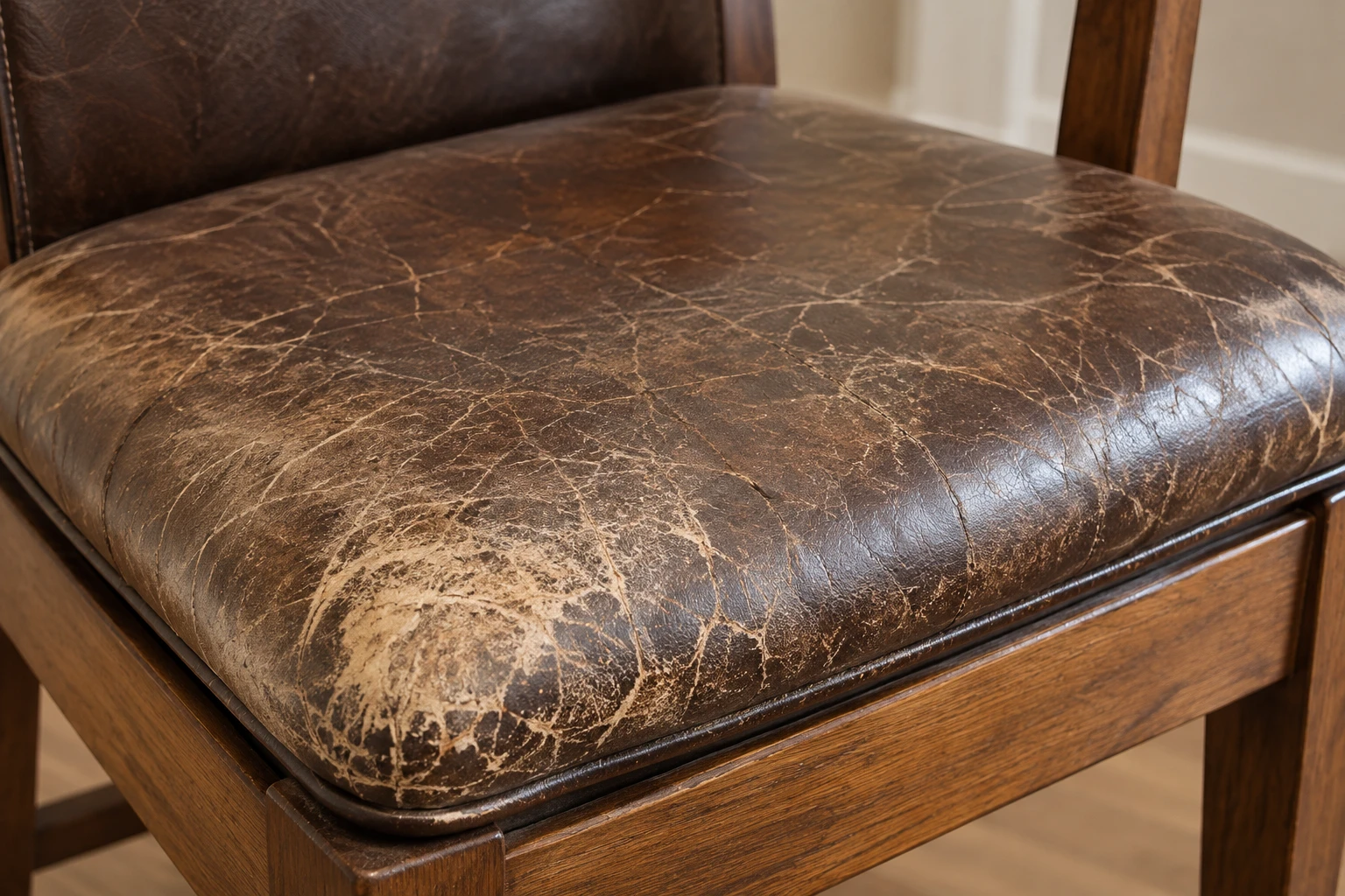 A brown leather dining chair seat whose finish has crazed into a dense web of pale cracks across the whole pad
