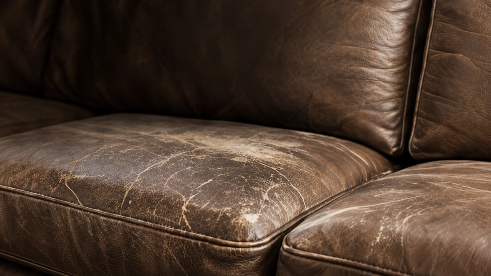 Worn seat on a brown leather sectional before targeted repair