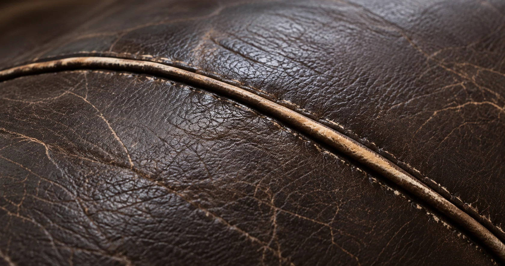 Piped top edge of a brown leather bed rail with the finish worn off along its length and fine cracking spreading around it