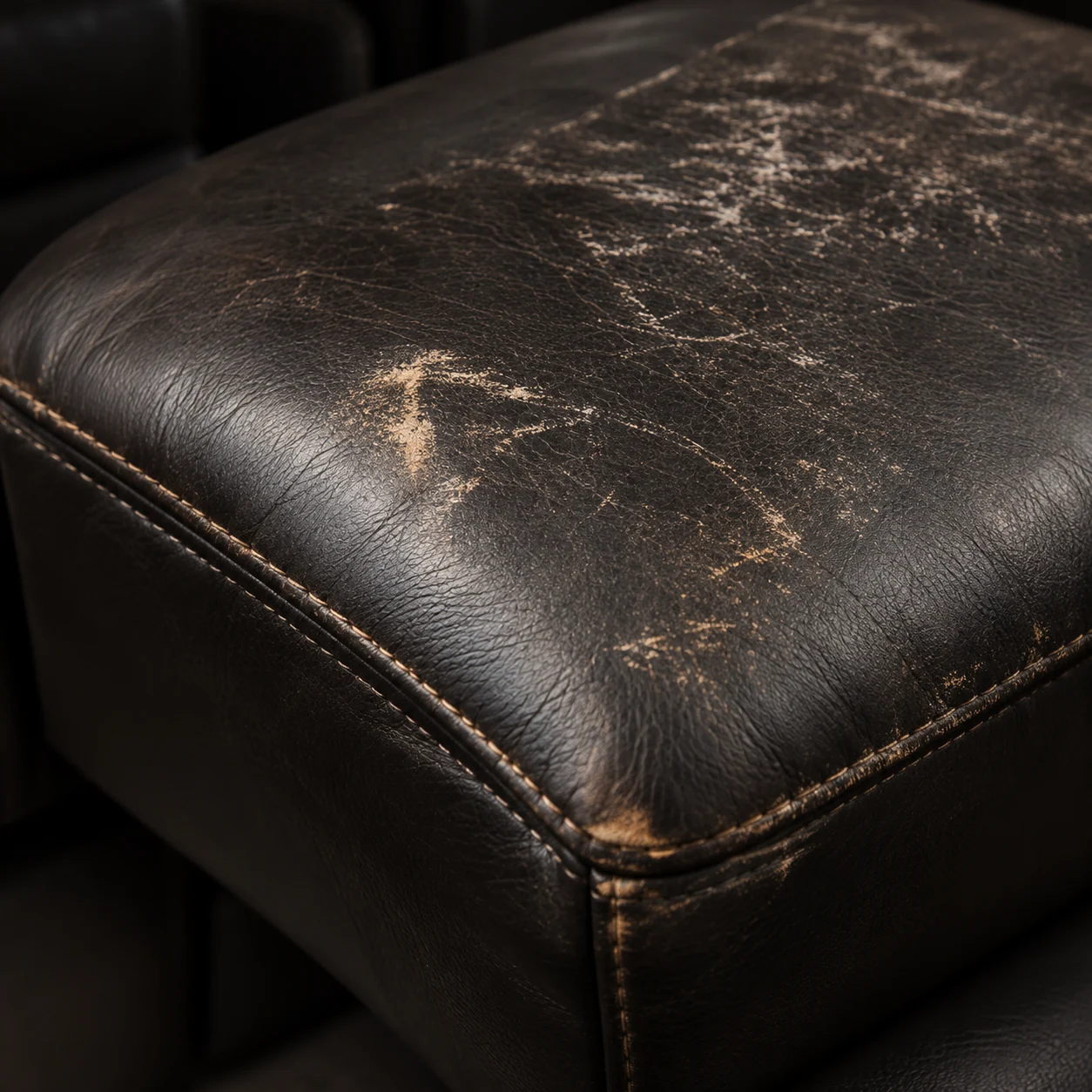 Home theater seat cushion with the color worn off the front edge and a pale abraded band