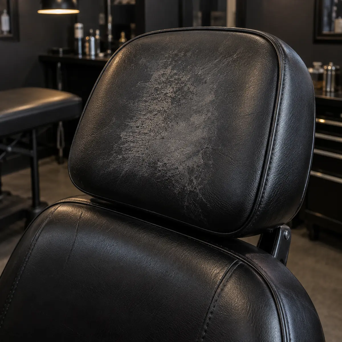 A worn, greyed black headrest on a tattoo chair