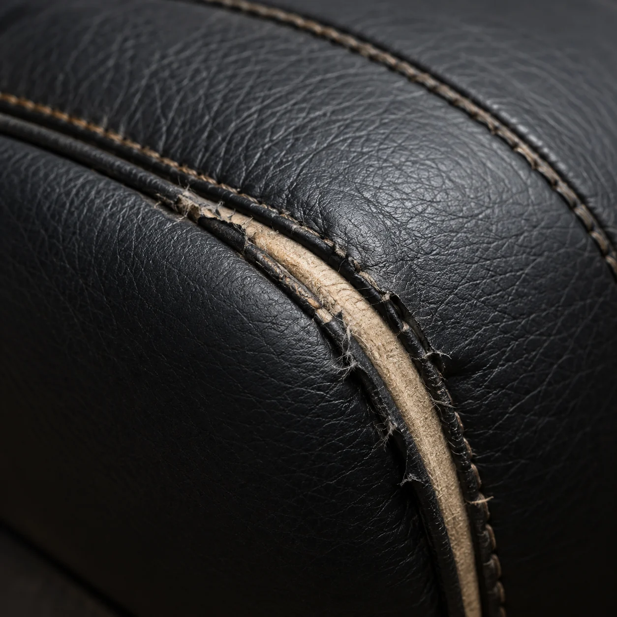 Welt piping worn through to a tan core along a seam on a black leather massage chair