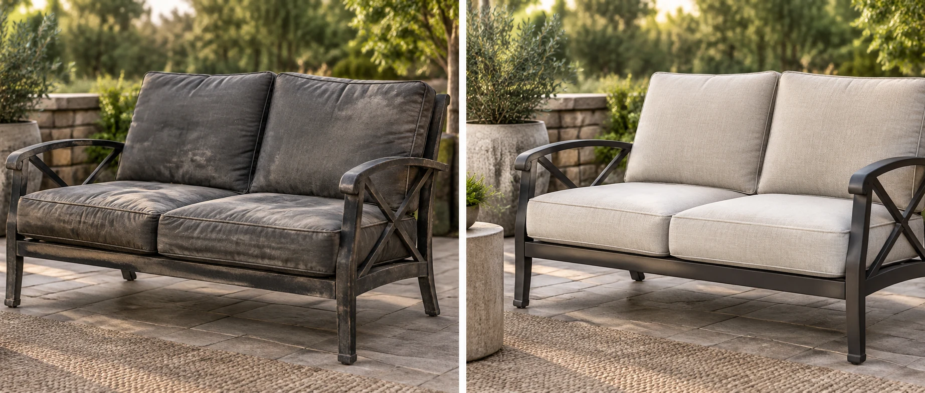 Before and after of a woven outdoor loveseat, charcoal cushions replaced with cream ones