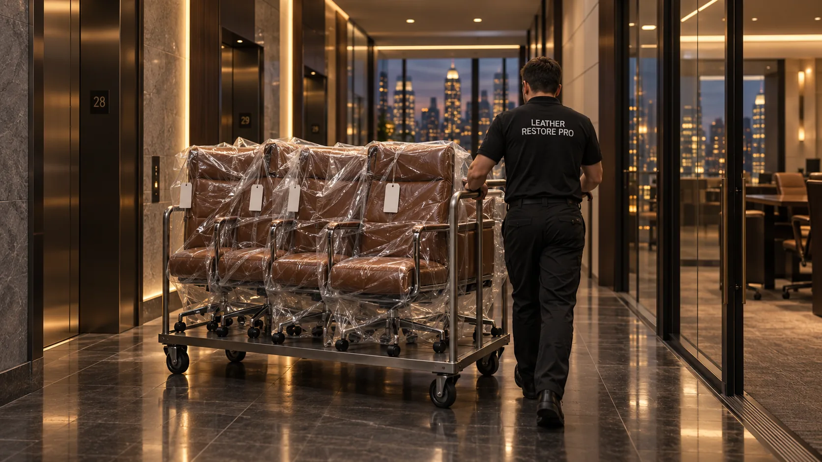 A technician rolls a cart of wrapped, tagged office chairs down an office corridor after hours