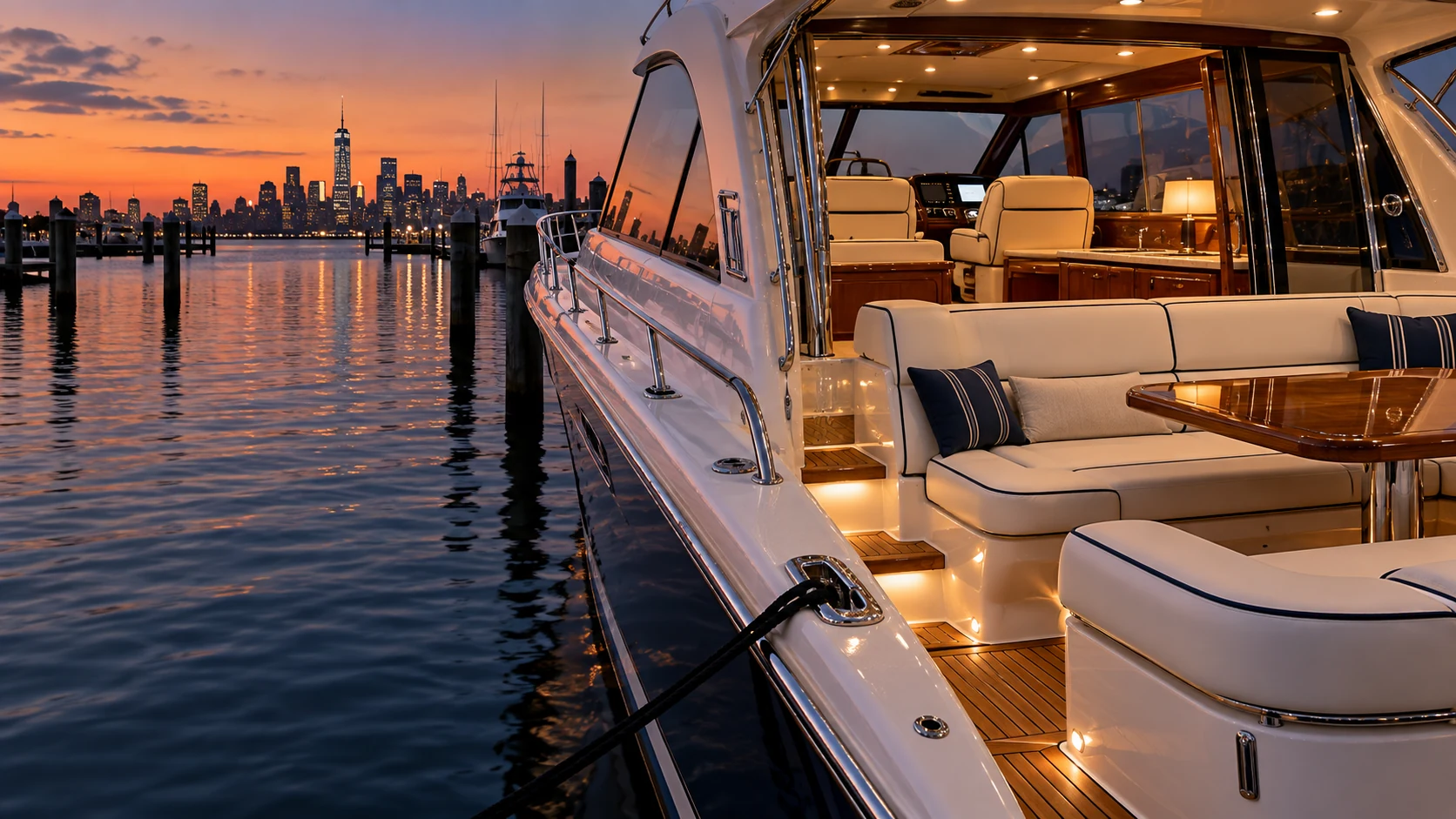 Warm cream yacht upholstery at dusk beside the New York skyline