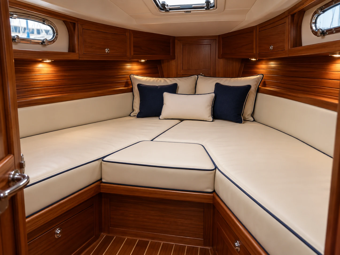 A cream leather yacht berth cushion tapered to follow the hull