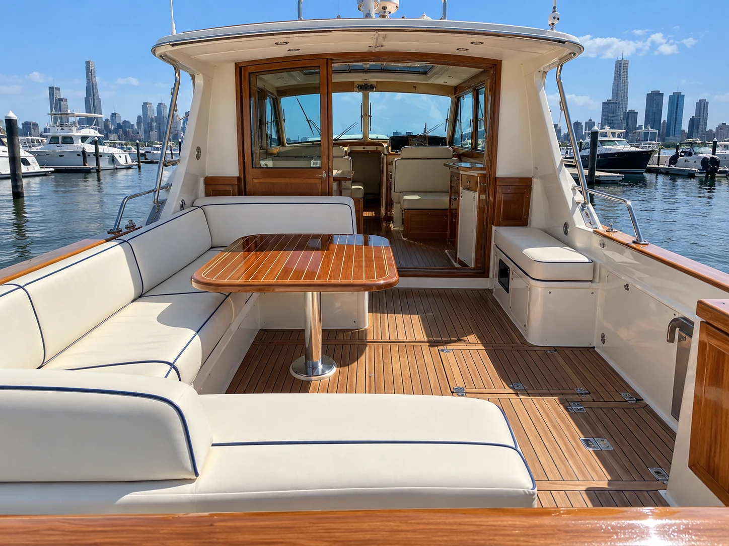 A sunlit teak yacht cockpit in a marina after recovering