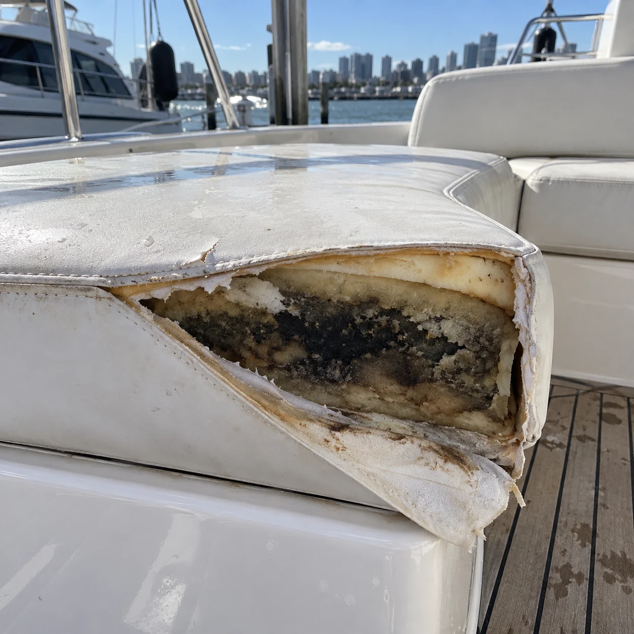 A cutaway yacht cushion showing waterlogged foam
