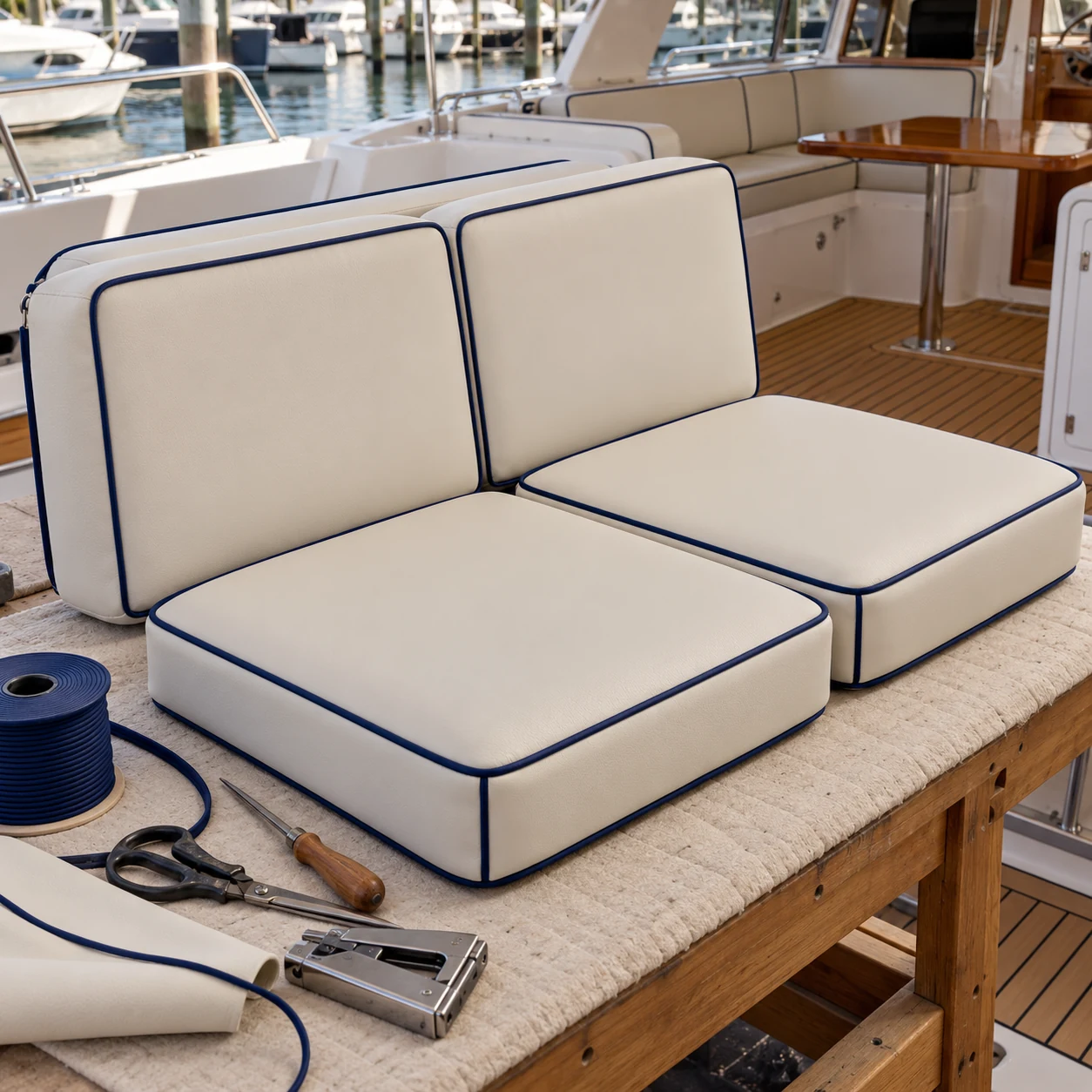 Cream yacht cushions on a workshop bench