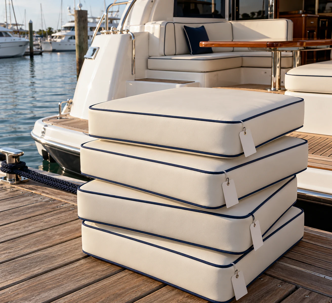Cream yacht cushions stacked dockside