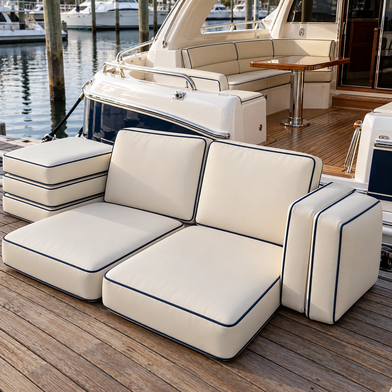 Cream yacht cushions set out on a teak dock