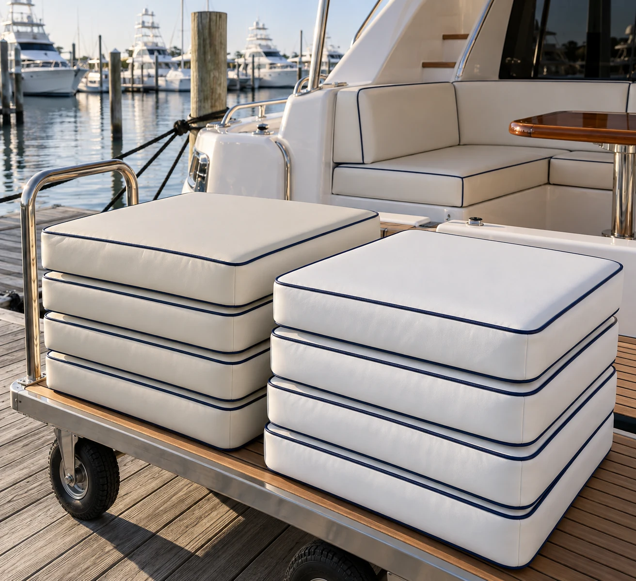 Wrapped cream yacht cushions on a trolley at the marina