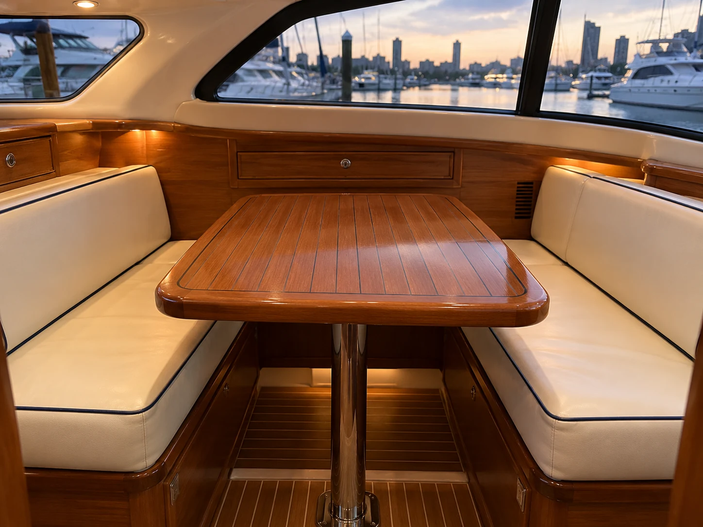 Booth seating at a warm teak yacht dinette