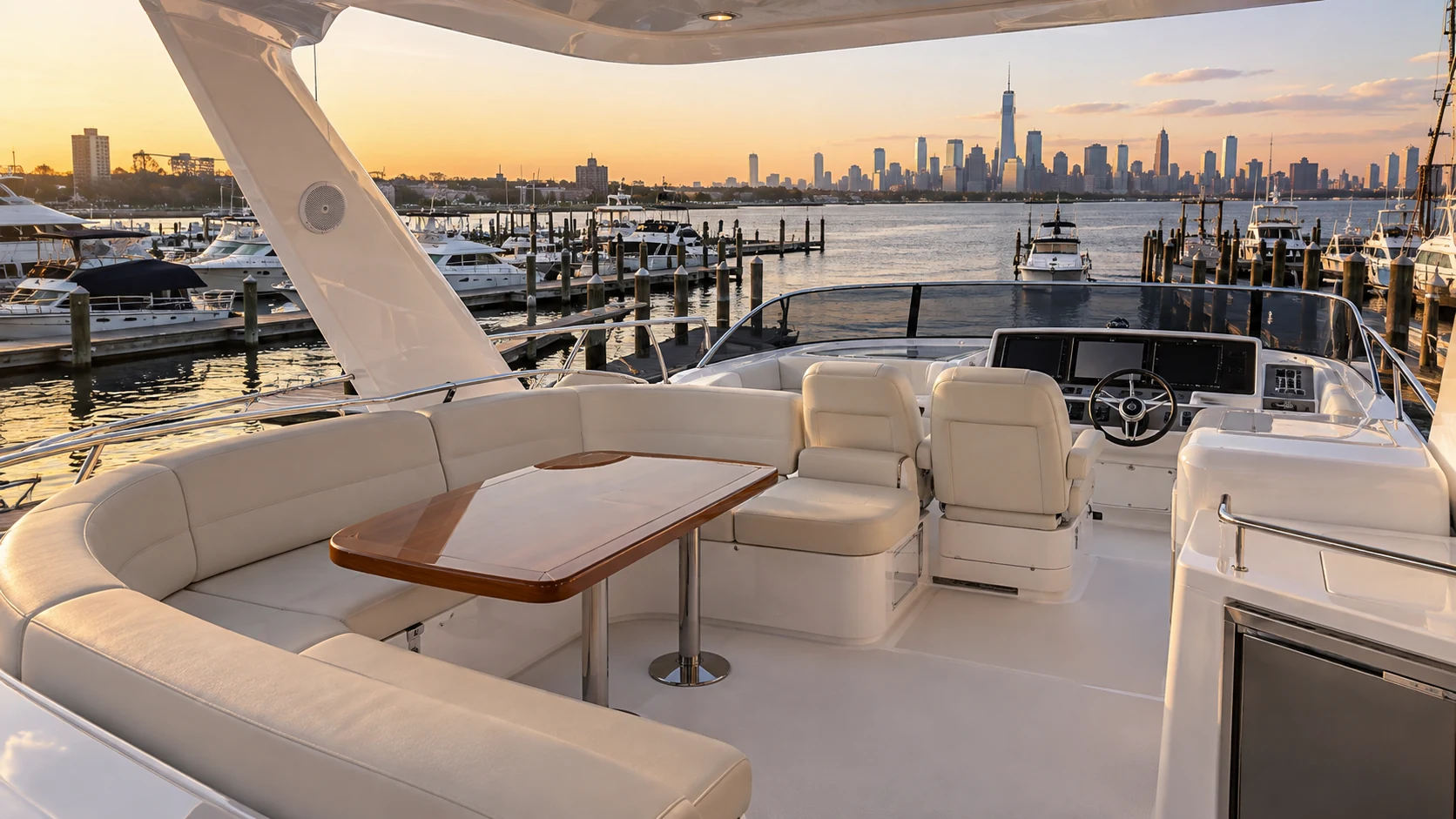 Cream helm seating on a yacht flybridge at a marina