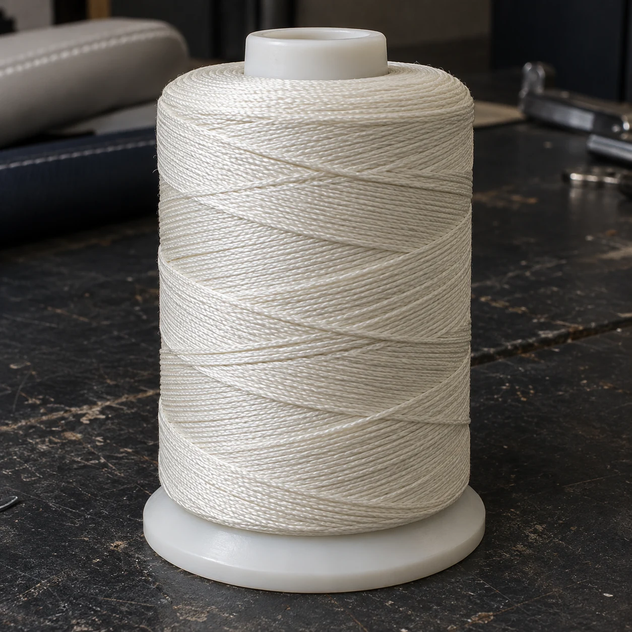 A cone of heavy marine thread on a workshop bench