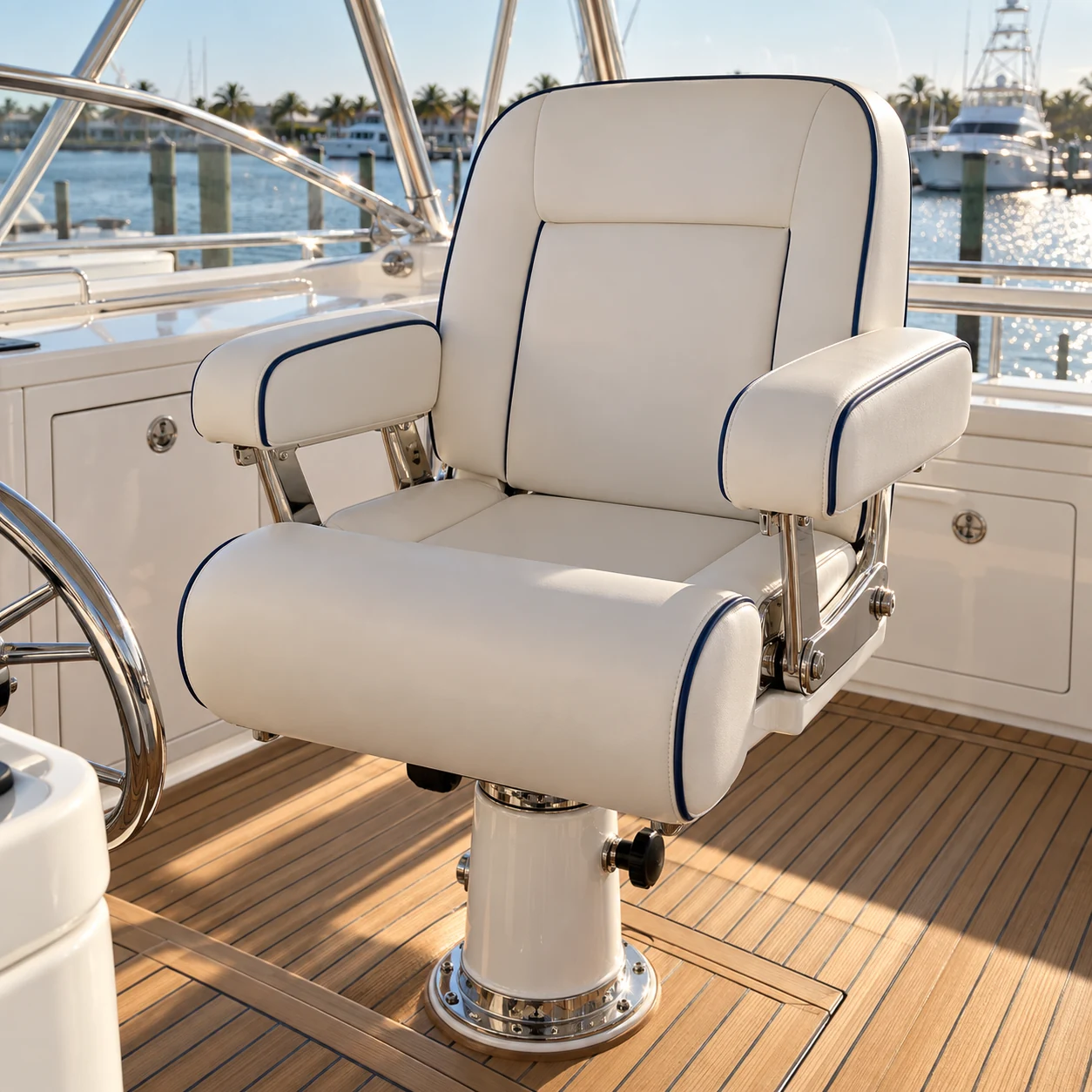 The same yacht helm seat recovered in cream with navy piping