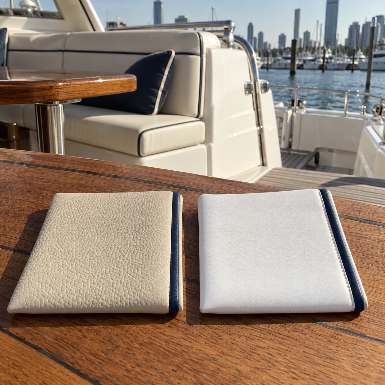 Yacht upholstery leather and vinyl samples on a teak workbench